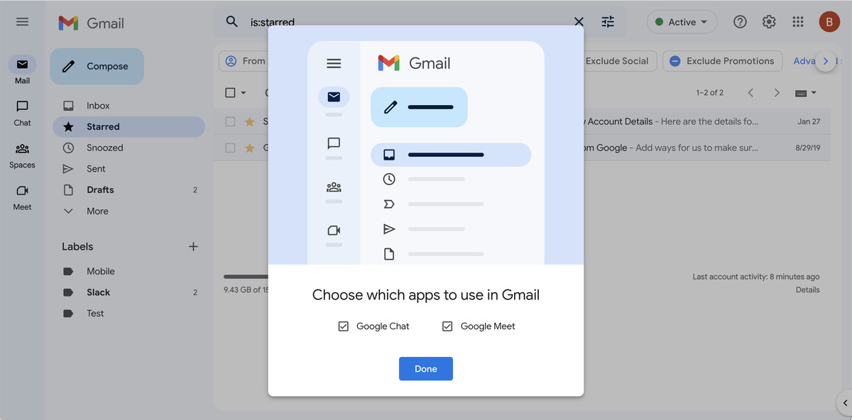 Popup to choose applications to use in Gmail