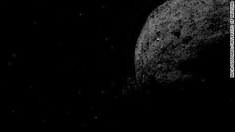 This image shows the asteroid Bennu ejecting rock particles from its surface on January 19, 2019. 