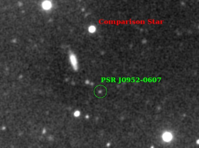 Astronomers have measured the speed of a faint star (green circle) that has been stripped of almost all of its mass by an invisible companion, neutron star and millisecond pulsar which they have determined to be the most massive ever found and possibly the upper limit for neutron stars. 