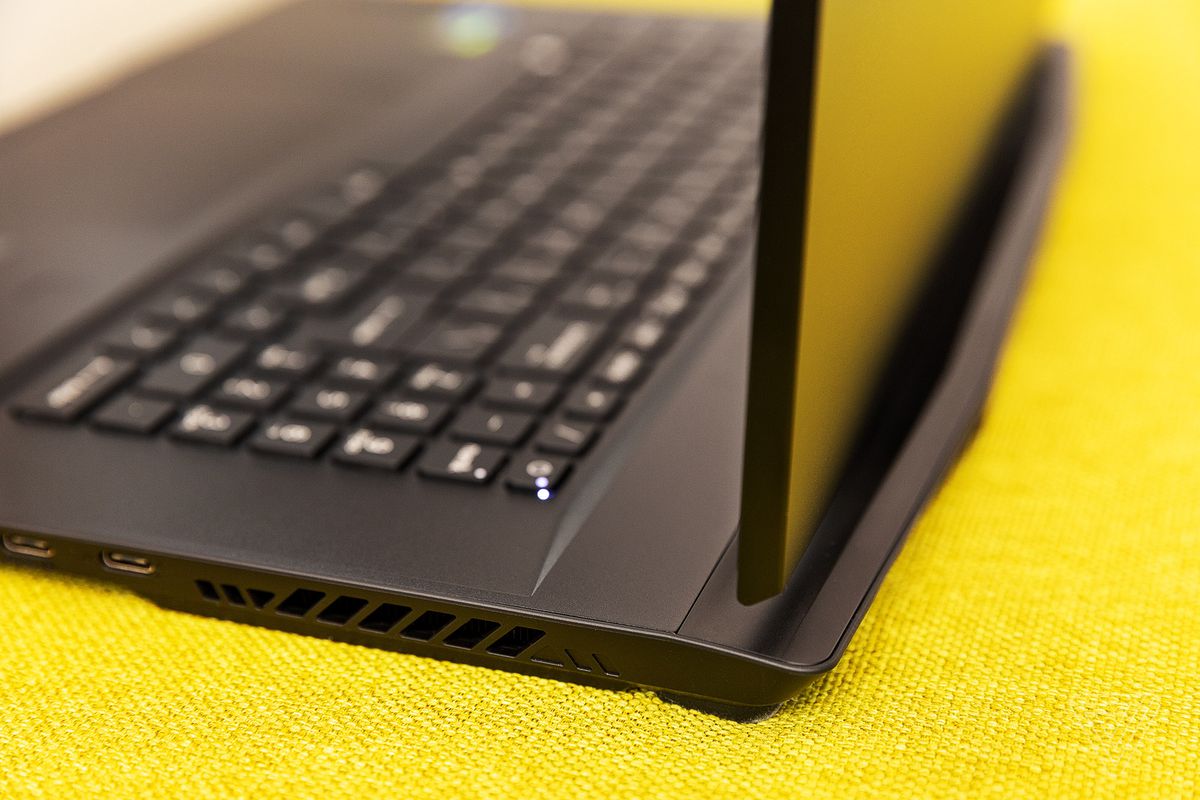 The rear left corner of the MSI GS77 Stealth.