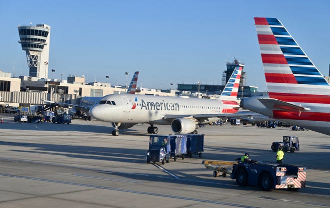 American Airlines planes are seen at Philadelphia International Airport in Philadelphia, Pennsylvania on June 20, 2022. (Photo by Daniel SLIM/AFP) (Photo by DANIEL SLIM/AFP via Getty Images) ORG XMIT: 0 ORIG FILE ID: AFP_32CV4CW.jpg