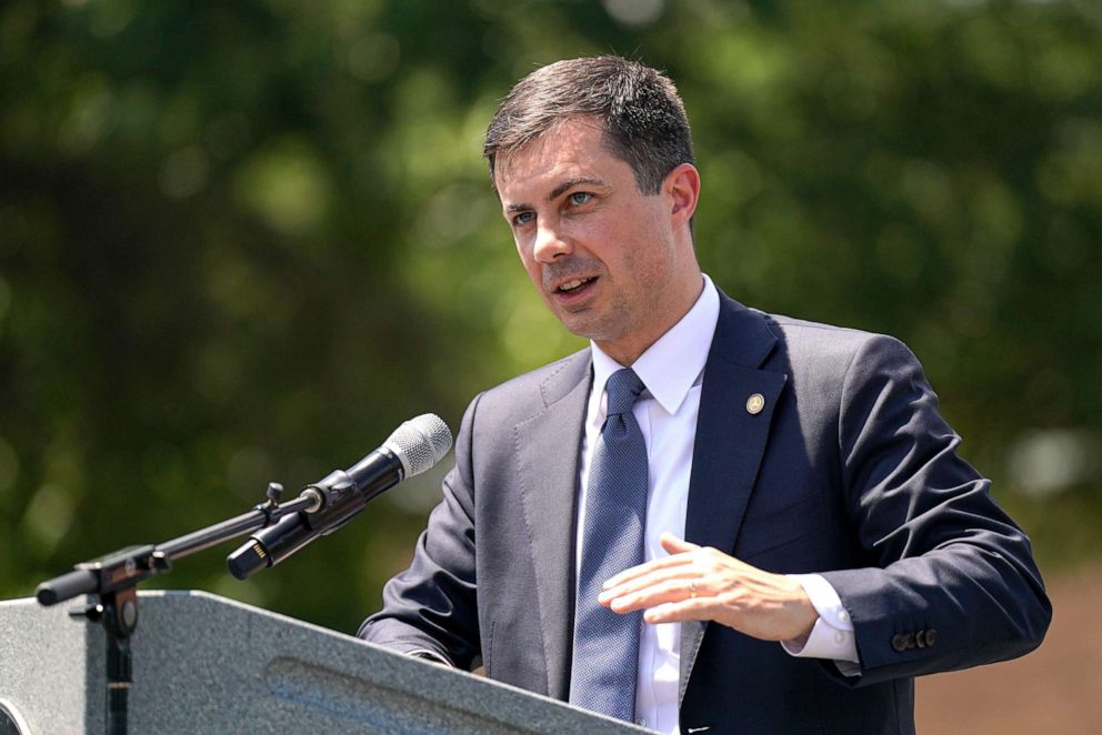 PHOTO: Transportation Secretary Pete Buttigieg speaks during his visit to the commercial driver's license training program at Lehigh Carbon Community College in North Whitehall Township, Penn., August 2, 2022.