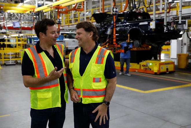 Jimmy Fallon with Ford CEO Jim Farley on Friday.