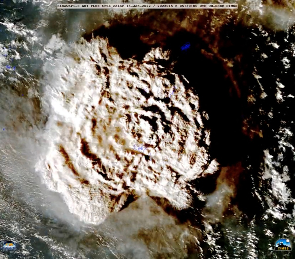 A plume rises over Tonga after the January 15 eruption.