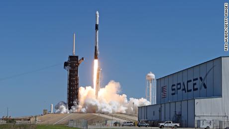     A SpaceX Falcon 9 rocket lifts off from Launch Complex 39A carrying the Crew Dragon spacecraft during a commercial mission operated by Axion Space at Kennedy Space Center April 8, 2022 in Cape Canaveral, Florida.