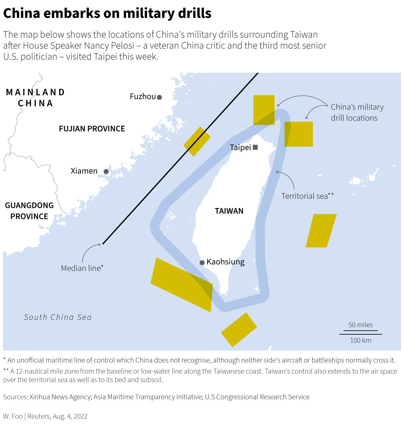 Map showing the six locations where China will conduct military exercises.