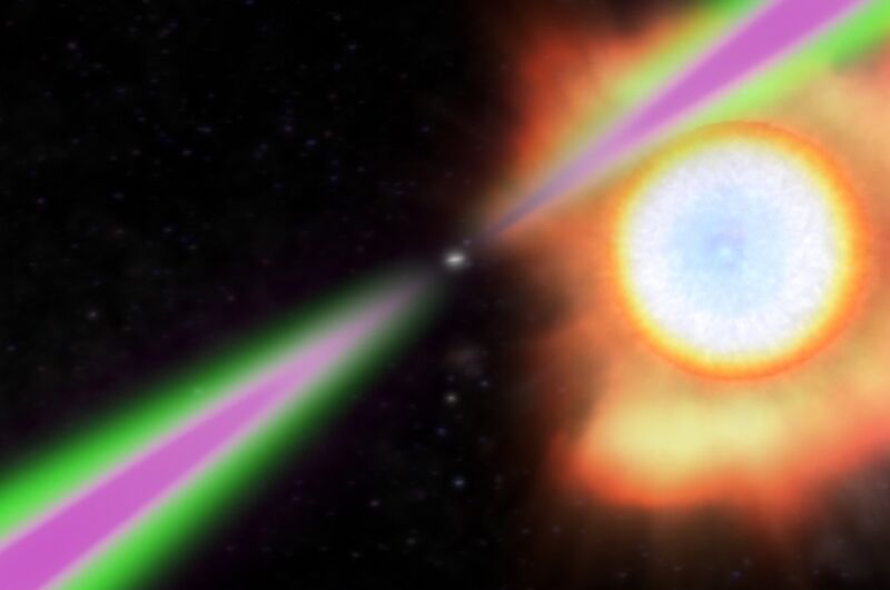 A spinning neutron star periodically swings its radio (green) and gamma (magenta) beams in front of Earth.  A black widow pulsar heats the opposite side of its stellar partner to temperatures twice as hot as the Sun's surface and slowly evaporates it.